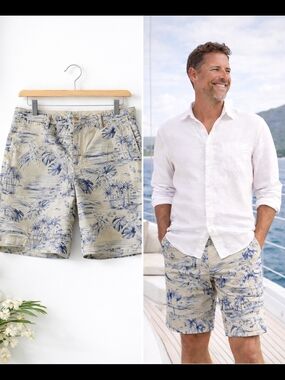 Tommy Bahama Shorts Mens 38 Beige Blue Tropical Island Print Flat Front